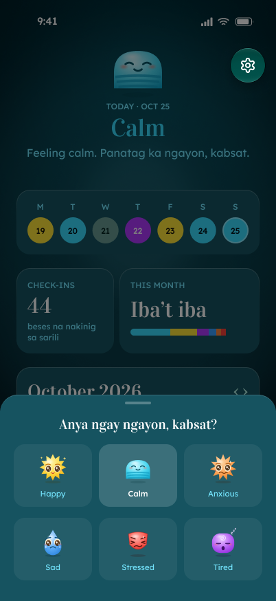 Mood picker sheet — Anya ngay ngayon, kabsat? — with six mood tiles.