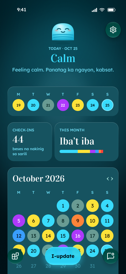 Today screen after a Calm check-in, with the week's moods and the month calendar.